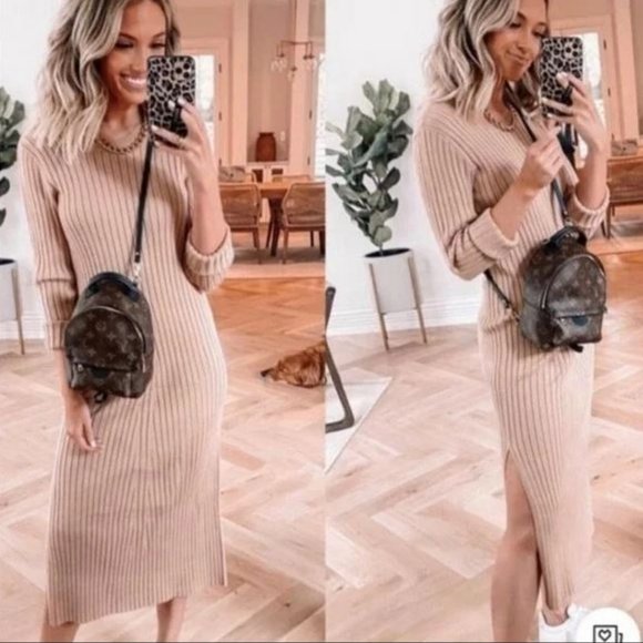 WAYF Size XS Womens BFF Hollie Long Sleeve Side Slit Sweater Dress in Camel - Picture 2 of 13